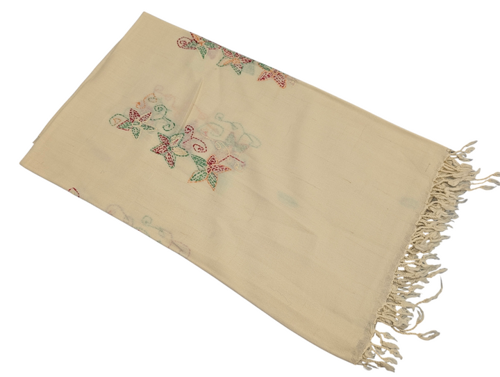 Handmade Women Wool Shawl Wrap Embroidered Design Floral Beige 7