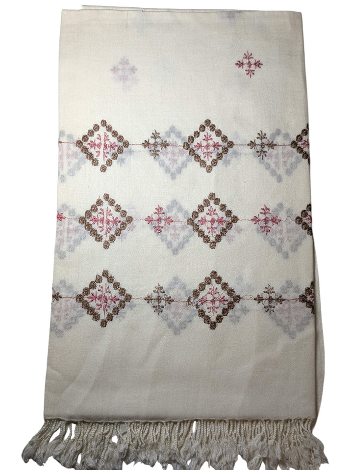 Handmade Women Wool Shawl Wrap Embroidered Design Rhombus Without Borders Off White 2