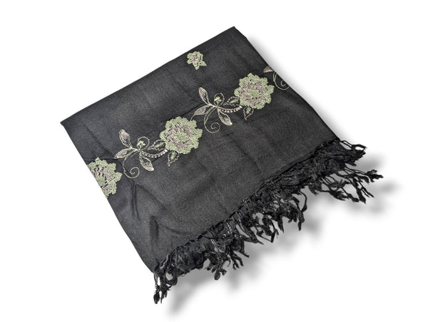 Handmade Women Wool Shawl Wrap Embroidered Design Petal Black 