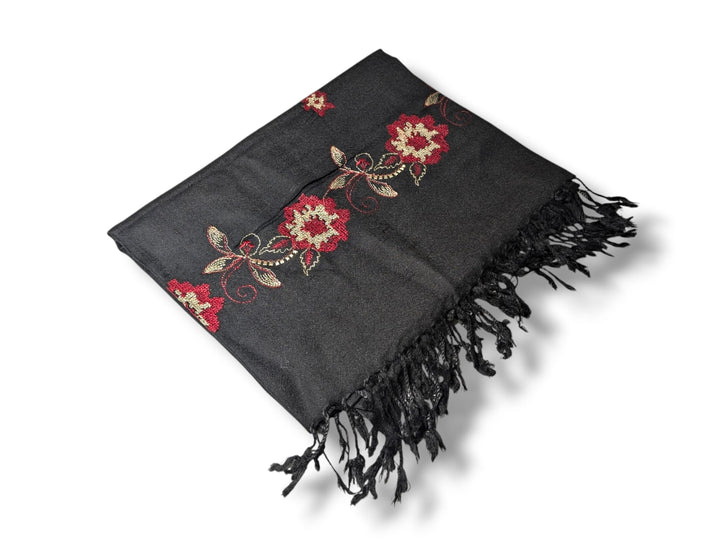 Handmade Women Wool Shawl Wrap Embroidered Design Petal Black 1