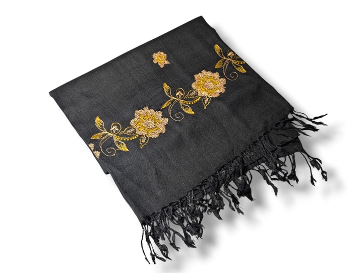 Handmade Women Wool Shawl Wrap Embroidered Design Petal Black 4