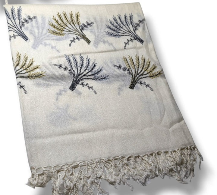 Handmade Women Wool Shawl Wrap Embroidered Design Garden White 1