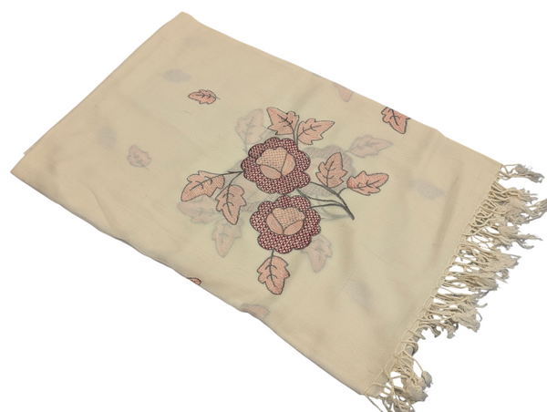 Handmade Women Wool Shawl Wrap Embroidered Design Floral Off White