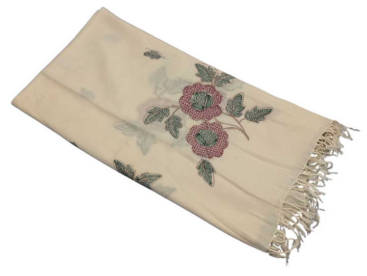 Handmade Women Wool Shawl Wrap Embroidered Design Floral Off White 2