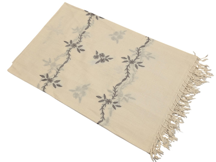 Handmade Women Wool Shawl Wrap Embroidered Design Off White Vine Floral 